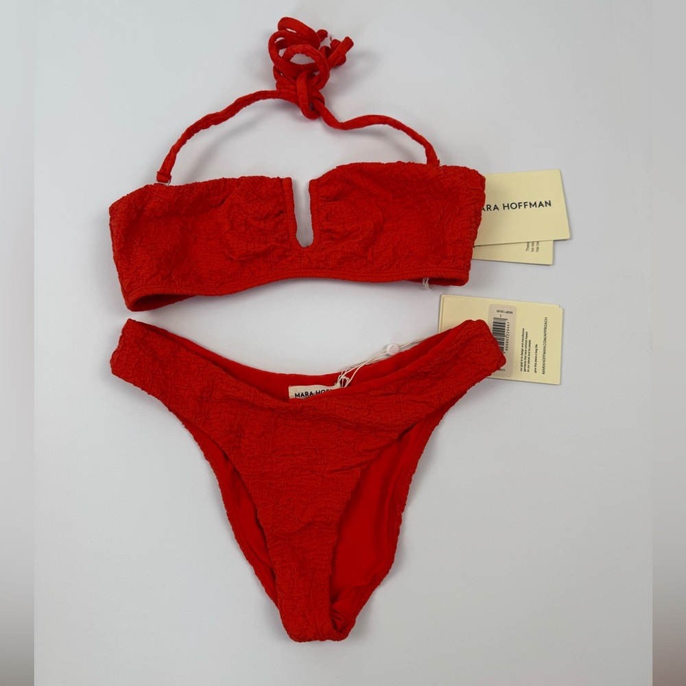 NWT Mara Hoffman Swim Red Orange High Waisted Swimsuit Bikini Set Size Small